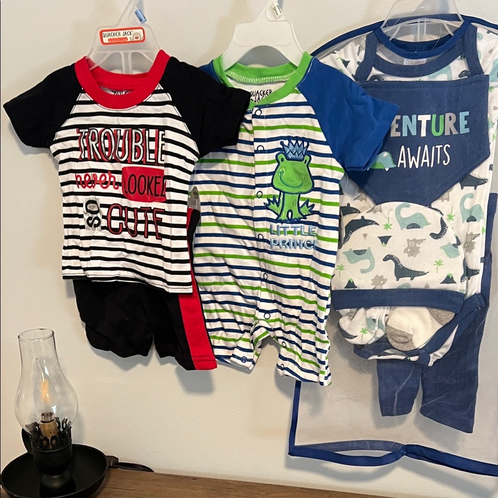 Little Me Striped Bodysuit Set with Frog and Dinosaur Prints